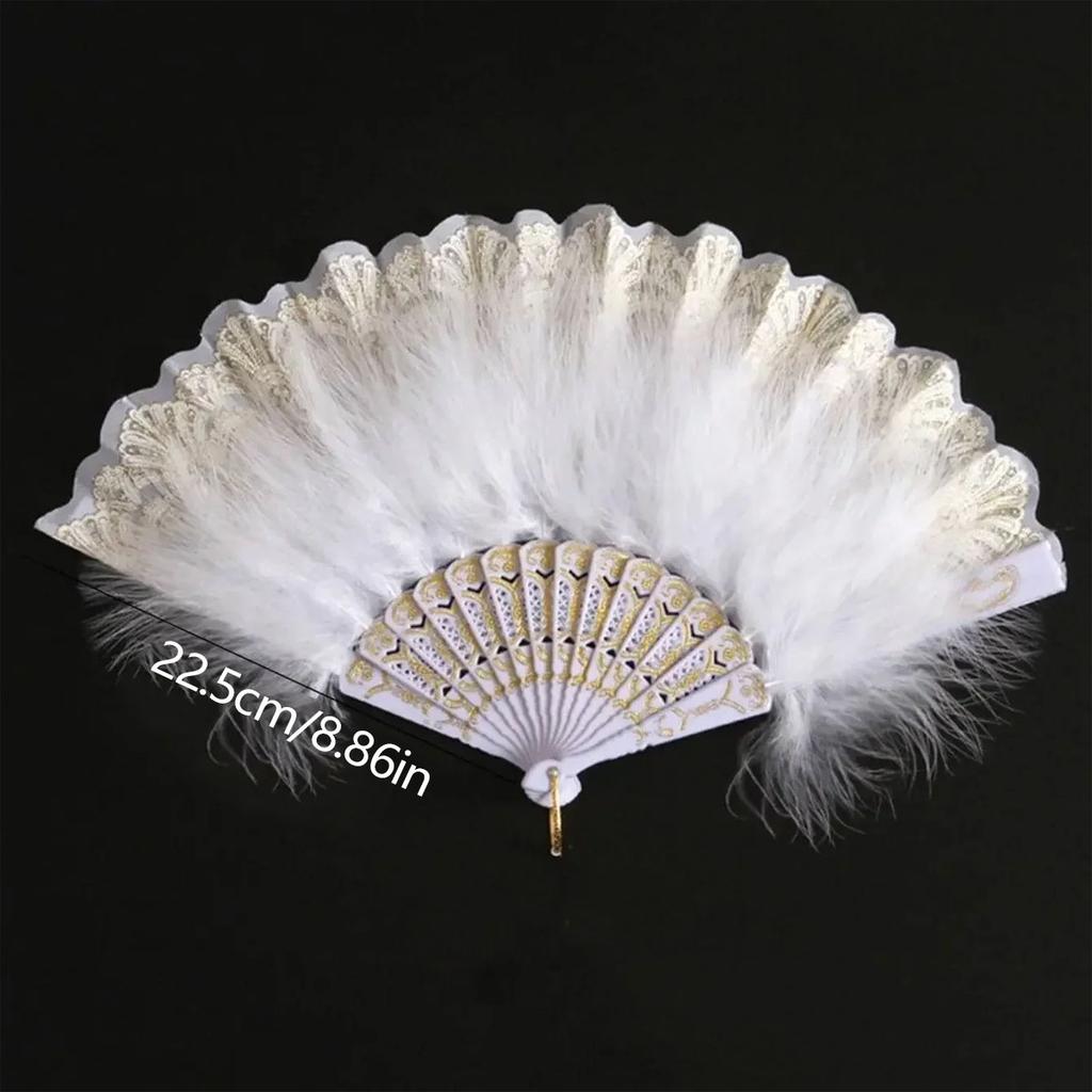 1PC - Vintage simulation feather lace fan with gold stamping feather fan in white