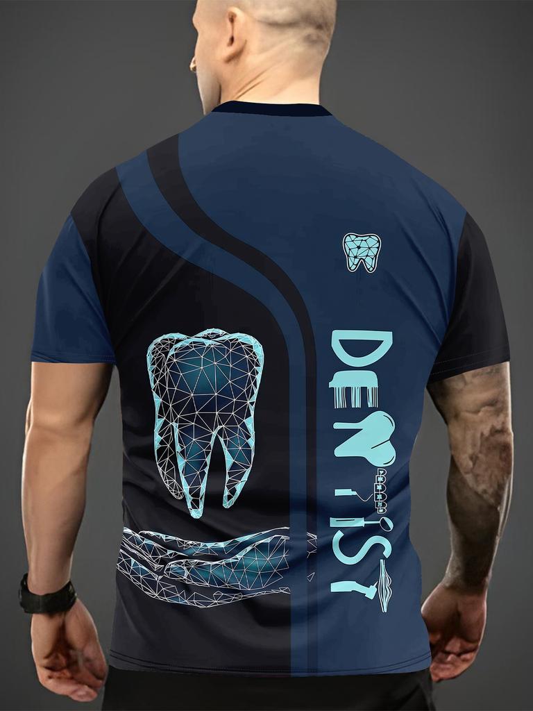 Geometric Tooth Design Men's Round Neck T-Shirt – 3D Dental Art Print, Casual Summer Wear for Outdoor Activities & Fitness, Breathable Comfort Fit,