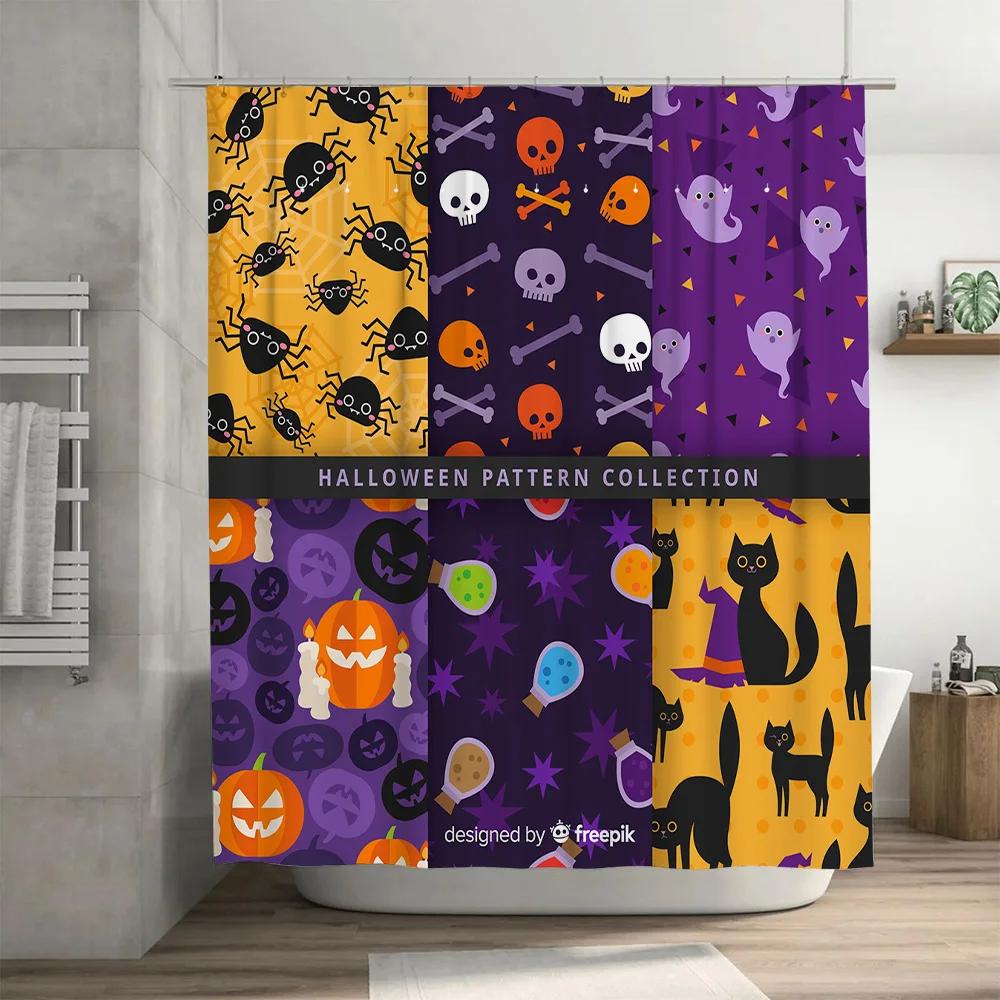 Halloween Shower Curtain Set Ghosts, Pumpkins Skulls Pattern Fabric Water Repellent Bath Rug Purple, Orange, Black Decor