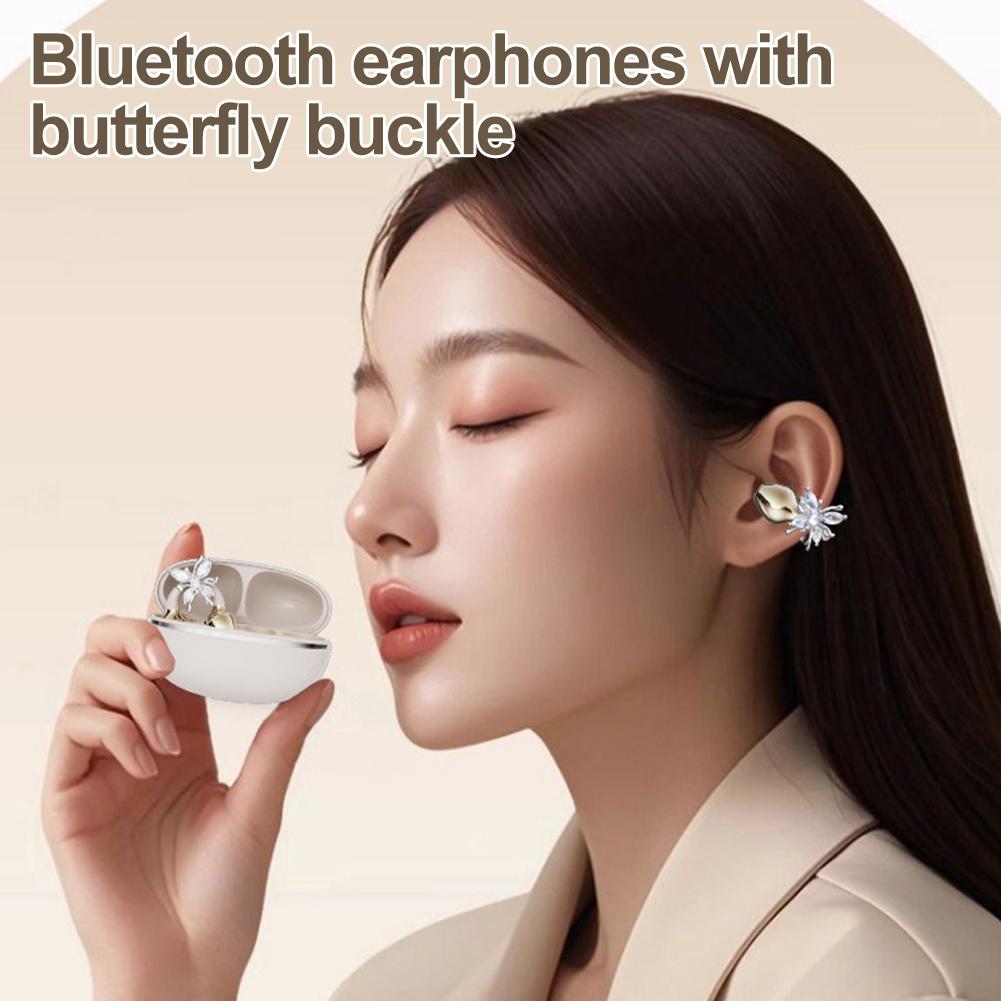 Sports Bluetooth 5.4 Headphones Wireless Ear-clip Earbuds Intelligent Noise Cancellation Earphones Butterfly Diamond Buckle Decor