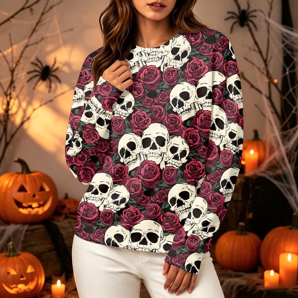 Women's Fashion Long Sleeve Halloween Print Crewneck Sweatshirt Top for Casual Wear