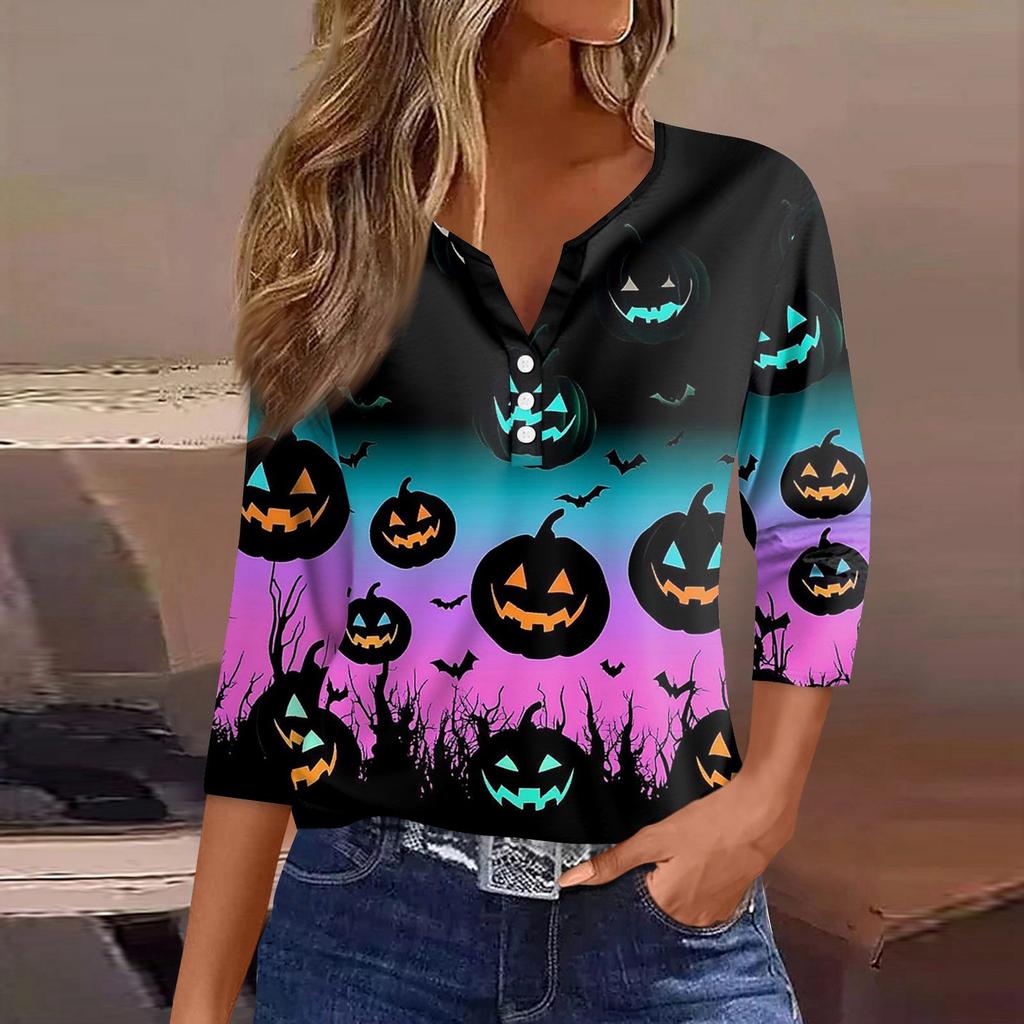Dames T-shirt Tee Halloween Bedrukt Knoop 3/4 Mouw Tuniek Dagelijks Weekend Mode Basic V-hals Normale Top