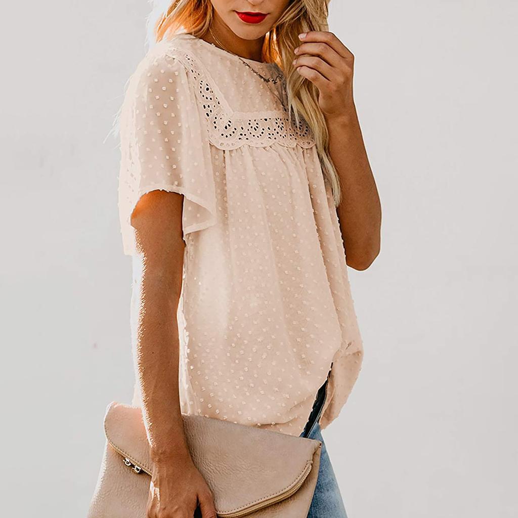 Women Fashion Lace Short Sleeve Casual T-shirt Round Neck Loose Top