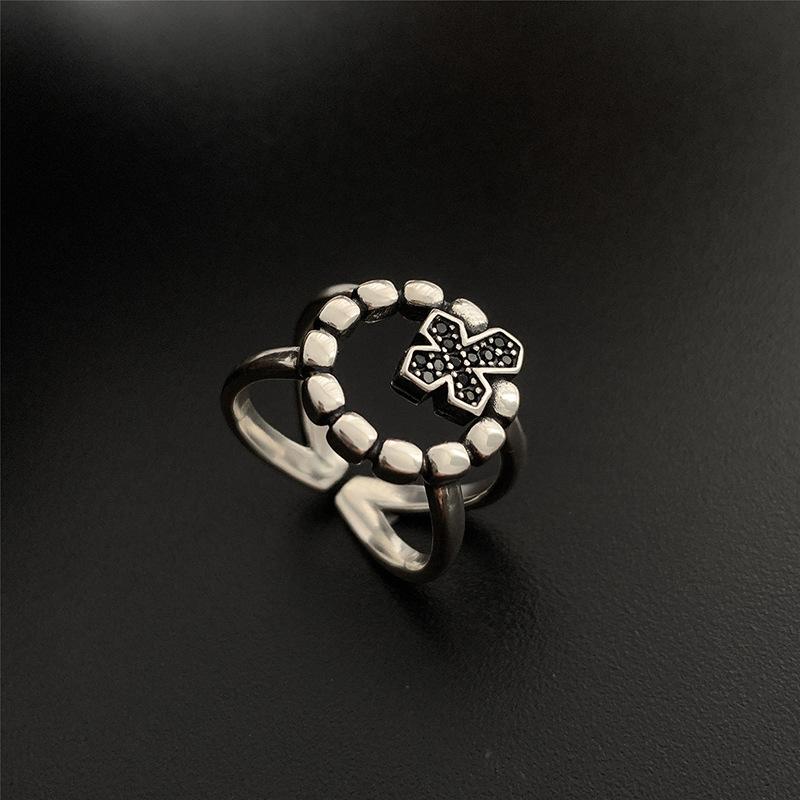 Vintage Retro Zircon Cross Crown Open Ring Female Niche Design Fashion Light Luxury Personality Punk