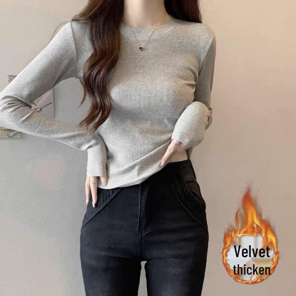 Burgundy Spicy Girl Long Sleeve Slimming T-Shirt for Women - Straight Shoulder, Autumn/Winter Style.
