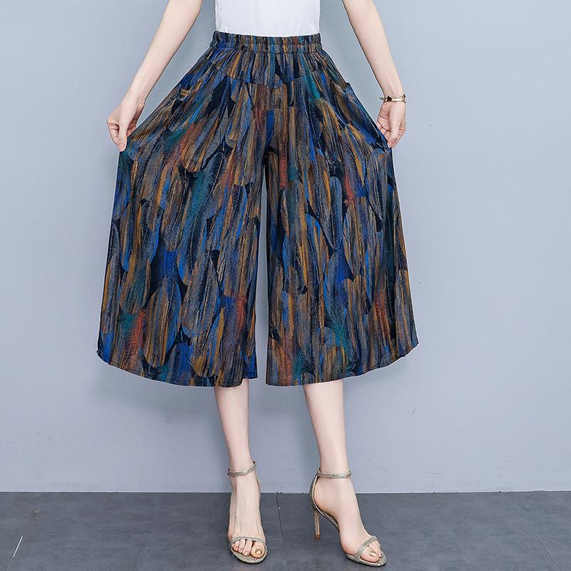 Summer Elastic Waist Print Wide Leg Pants for Women  Loose Vintage High Waist Oversize Pants