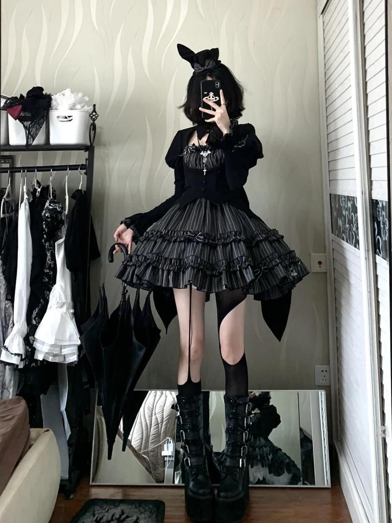 XHSUKADO Gothic Lolita Mini and Gothic Includes Top and Cosplay Faux Christmas Long Size 2-Piece Set Shirt, Skirt, Bottoms. Women's Outfit.
