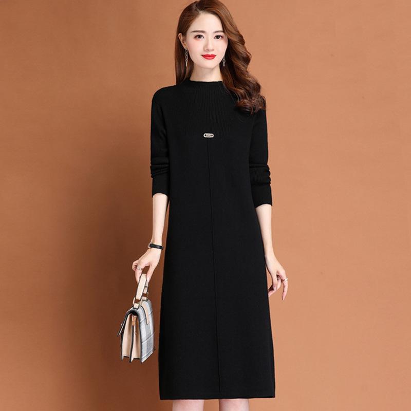 Knitted Dress Medium and Long Sweater Women's Autumn and Winter New Loose and Thin Semi-round Neck Bottoming Sweater Skirt