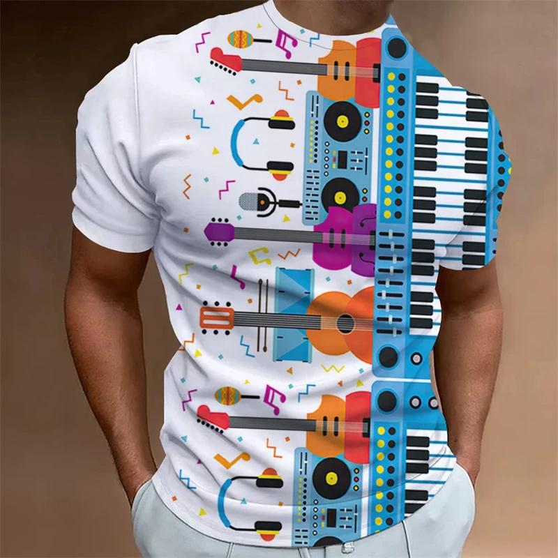 3D Printed Vintage T-Shirt For Men Musical Notes Pattern T Shirts Summer Casual Oversized Tees Round Neck Tops Short Sleeves