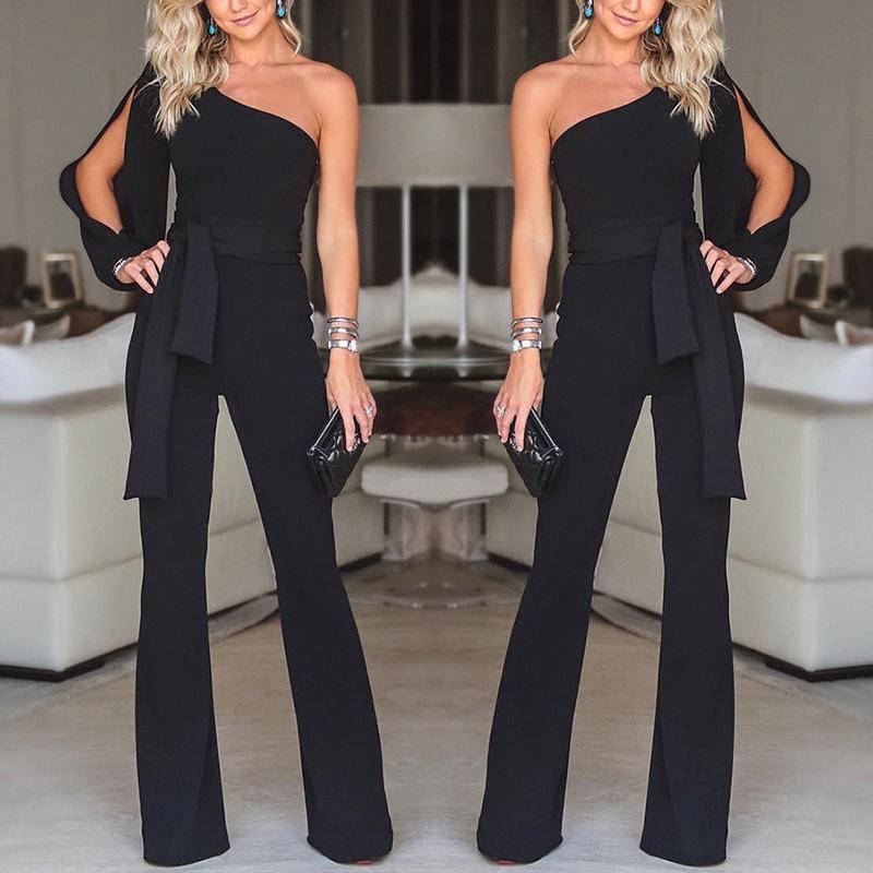 Waist Women Tied Flared Jumpsuits Fashion One Shoulder Sexy Rompers Jumpsuits