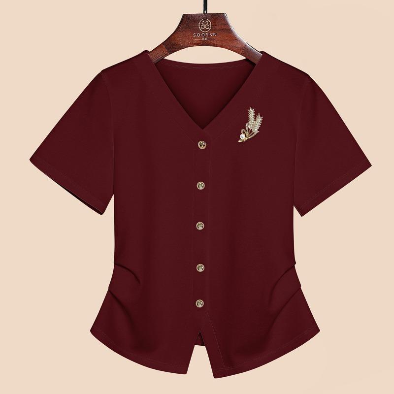 Summer new v-neck irregular hem split design sense niche versatile top white short-sleeved shirt women