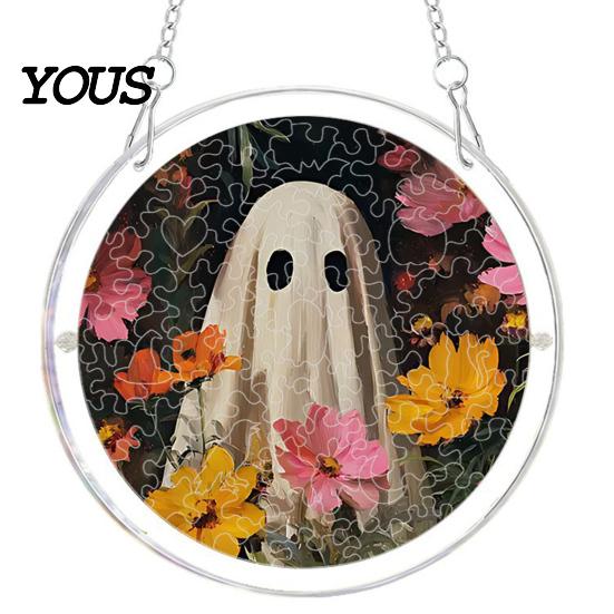 Acrylic Halloween Decoration Suncatcher Jigsaw Puzzle Set, Spooky Ghost Floral Meadow Window Hanging Ornament with Metal Lightweight Frame