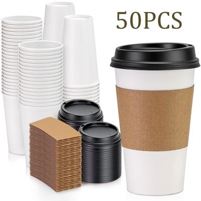 50 Stück 8/16 oz Einweg-Kaffeebecher mit Deckelhüllen, langlebiger, verdickter, umweltfreundlicher Pappbecher für kalte/heiße Getränke, Schokolade