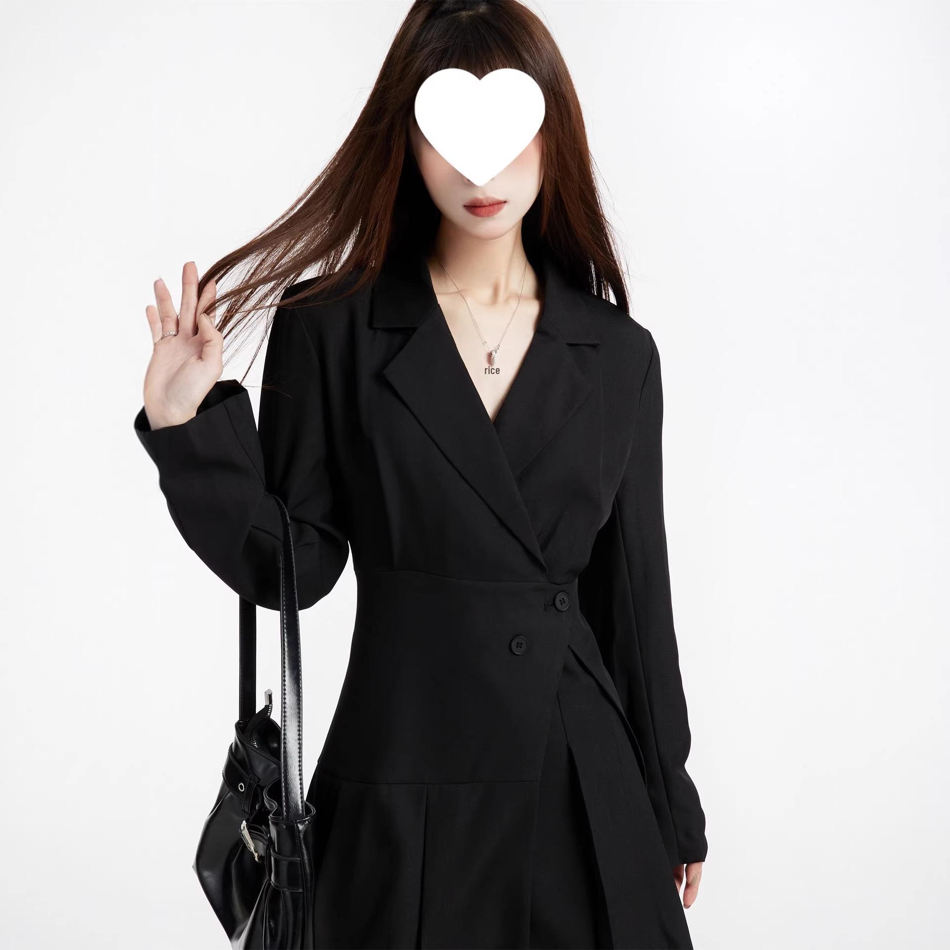 2026 Spring Women s Korean Style Black A-line Pleated Waist-cinching Suit Dress S чёрный
