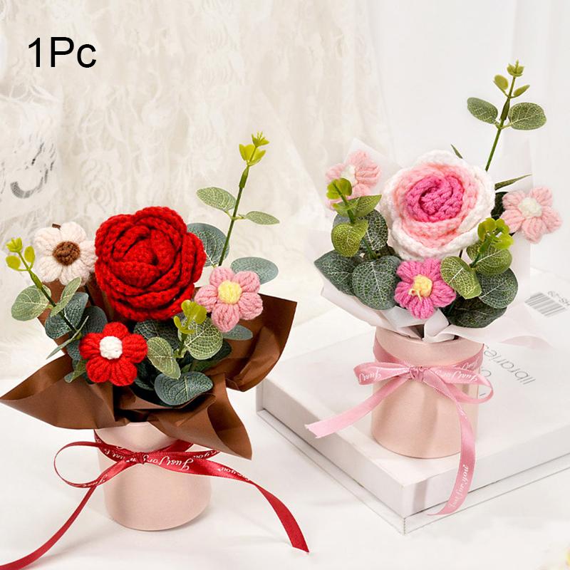 1PC Handmade Valentine's Day Puff DIY Rose Permanent Knitted Elegant Artificial  Flower Romantic Bouquet Gift 20x14cm