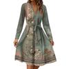 Women's Fashion Casual V-Neck Long Sleeve Waist Retro Printed Midi Dress