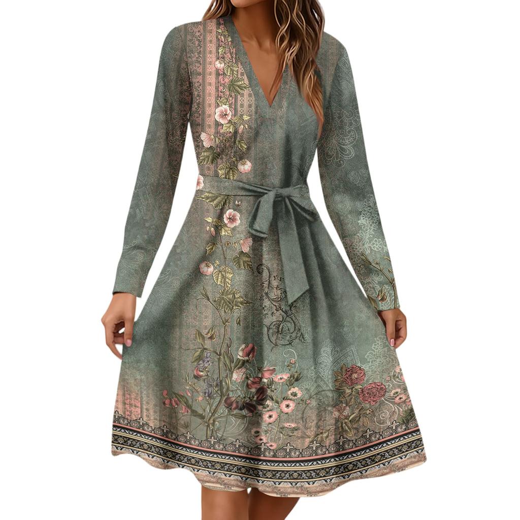 Women's Fashion Casual V-Neck Long Sleeve Waist Retro Printed Midi Dress