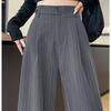 Herbst Vintage Gestreifte Lockere Damen Weite Hosen Knöpfe Frühling Hohe Taille Gerade Büro Voll Langes Hosen