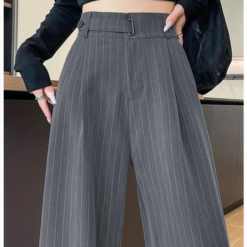 Herbst Vintage Gestreifte Lockere Damen Weite Hosen Knöpfe Frühling Hohe Taille Gerade Büro Voll Langes Hosen