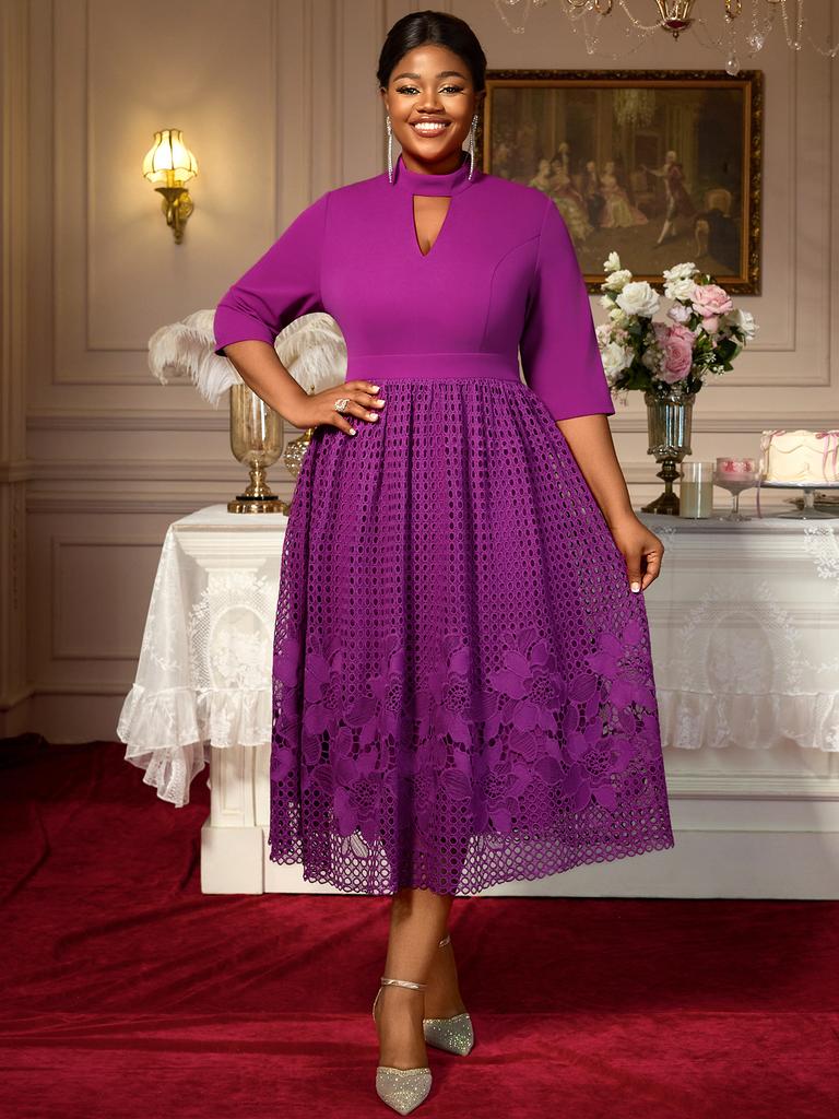 Elegant Women Plus Size Half High Neck 3/4 Sleeves A Line Midi Dresses with Floral Lace Hem for Church Events and Elegant Gatherings
