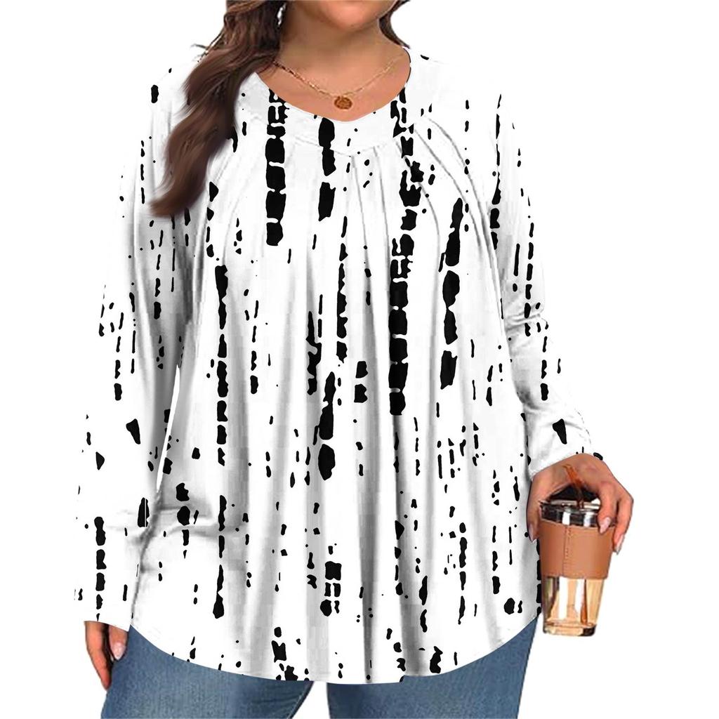 Women's Plus Size Fashion  Printed Casual Pleated Round Neck Long Sleeve Top