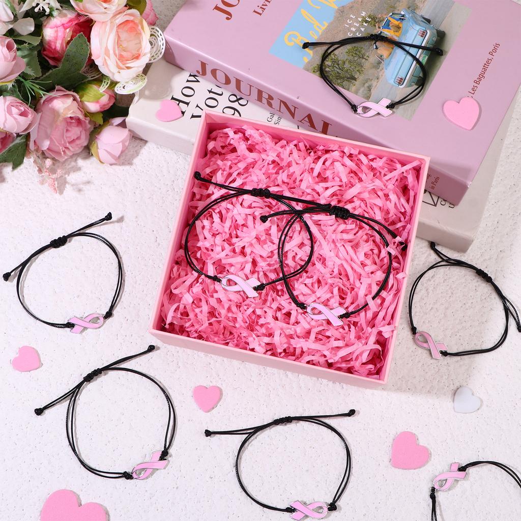 24 Pcs Breast Cancer Awareness Bracelets For Women, Pink Ribbon Bracelets, Adjustable Cord And Braided Ribbon, Chest Accessories