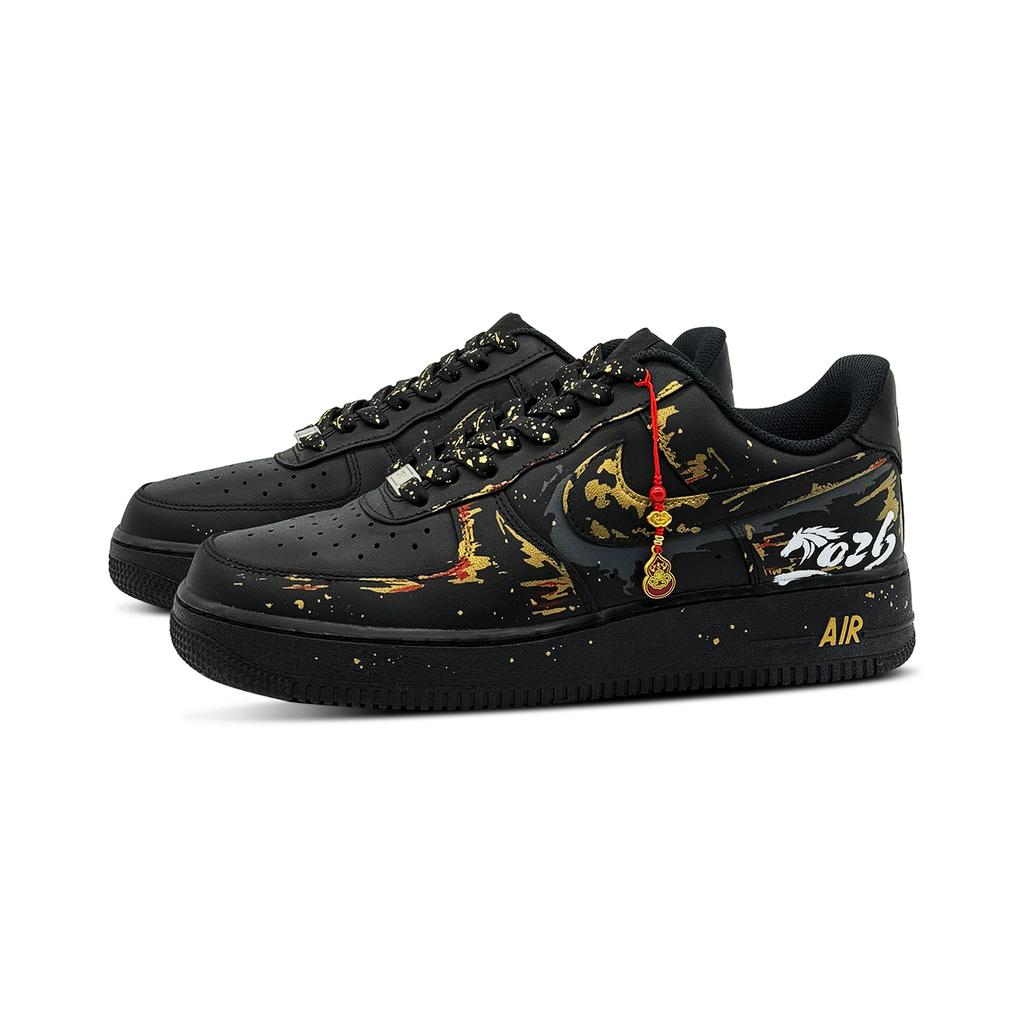 Nike Air Force 1 Golden Horse Brings Fortune Abrasion Resistant Low top Skateboard Shoes Unisex Black Gold CW2288-001(Team827-)