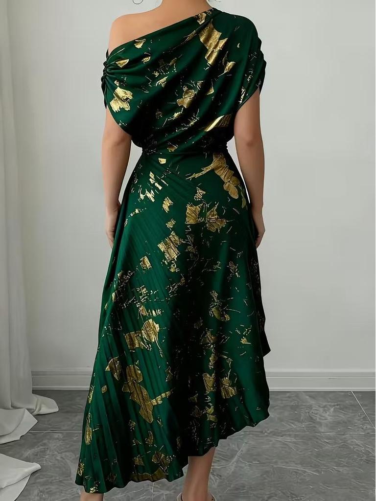 Asymmetrical Shoulder Gold Foil Pleated Dress for Women