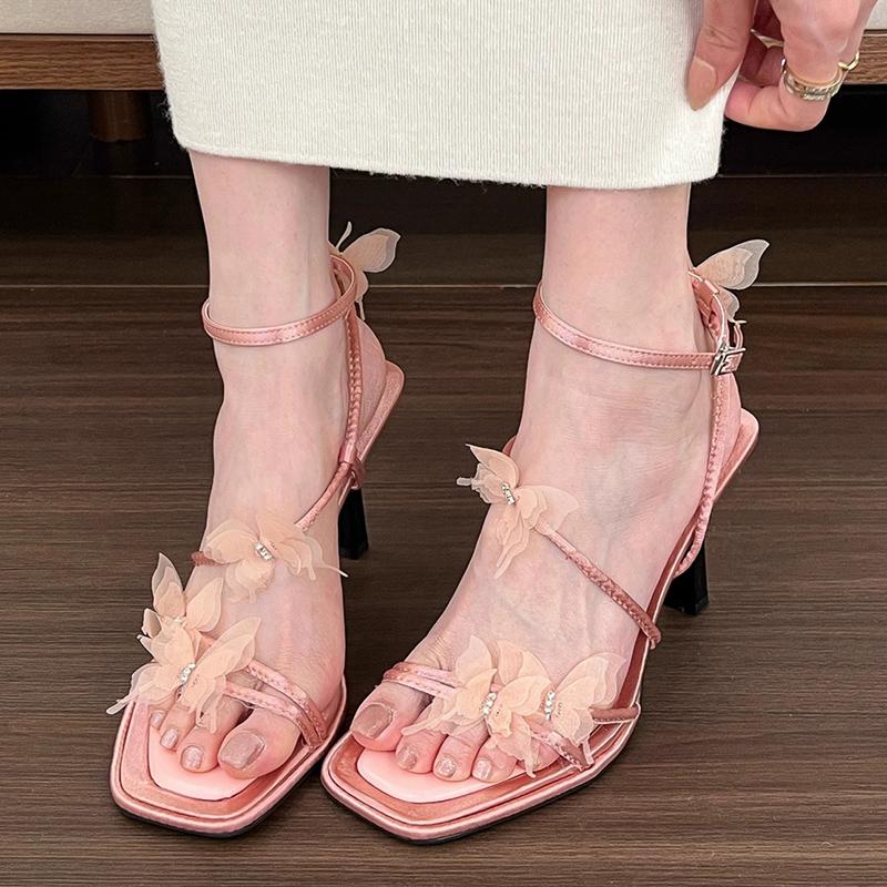 Seksowne Koronkowe Kokardki Szpilki Sandały Damskie Letnie Kwadratowy Odkryty Nosek Pasek na Kostkę Sandały Sukienkowe Kobieta Eleganckie Buty na Imprezę