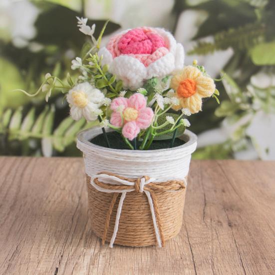 Handmade Crochet Flower Bouquet with Pot, Cute Little Knitted Potted Flower for Car Dashboard, Home Office Decoration, Gift for Birthday, Anniversary