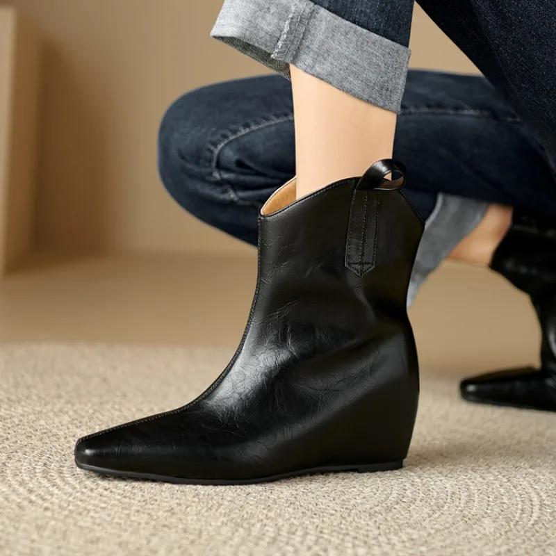 Fashion New Solid Color Interior Height Increasing Slope Heel Fashionable Short Boots Winter Black Brown Short Plush Warm Women's Shoes
