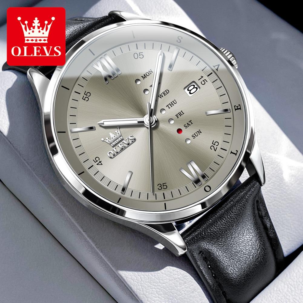 OLEVS Men's Watches Casual Fashion Leather Strap Waterproof Luminous Date Week Original Brand Quartz Wristwatch for Man Trend