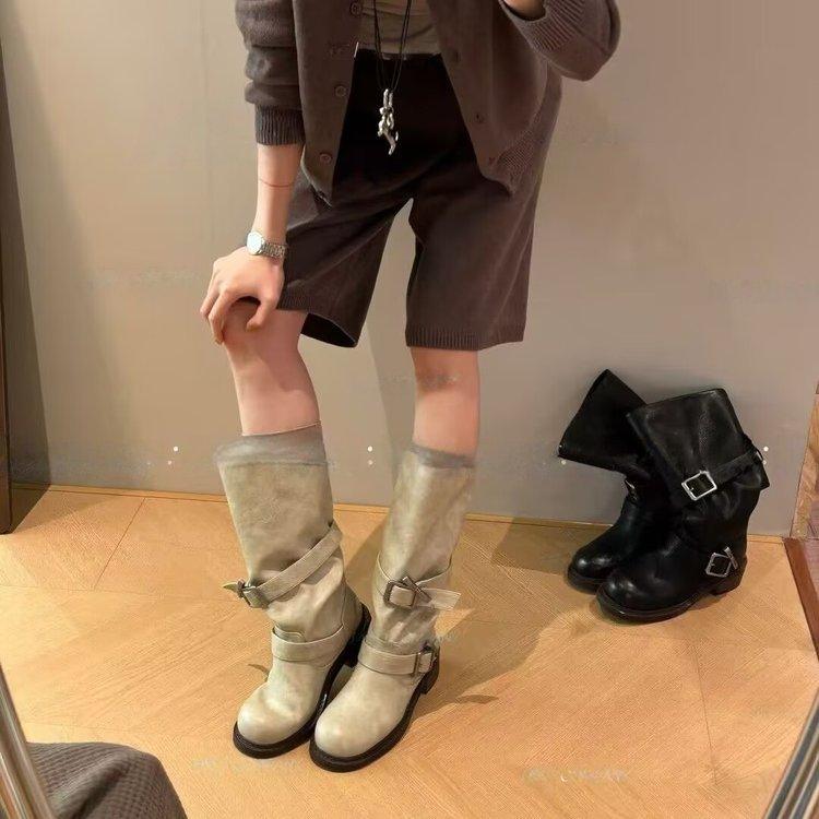 Zhang Yuanying's same belt buckle stacking boots thick heel retro old medium boots Korean version boots niche tooling boots women