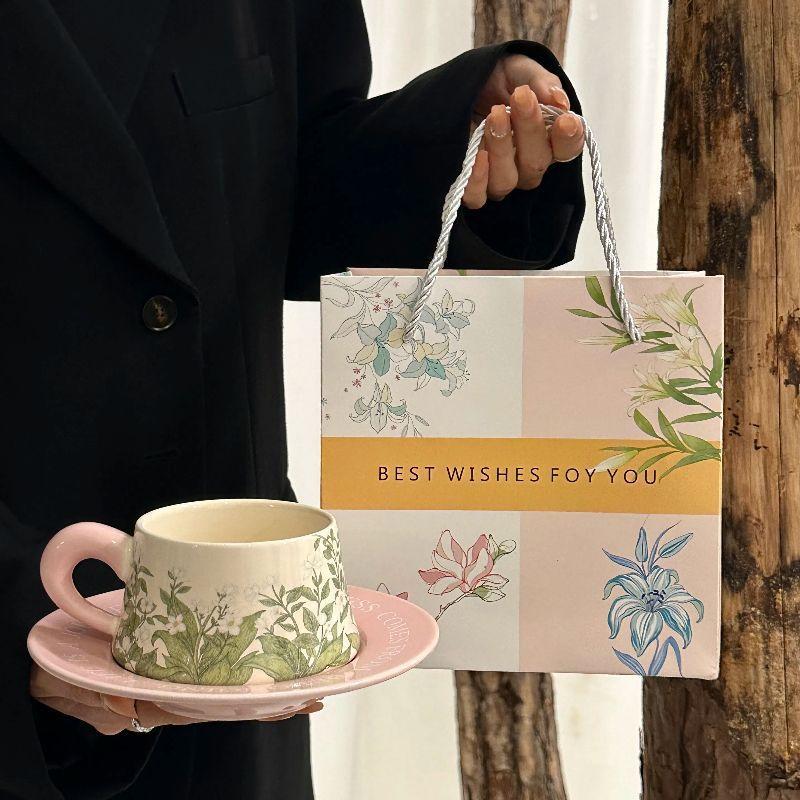 Lily of the Valley Coffee Cup and Saucer Set Chinese Antique Oil Painting Afternoon Tea Latte Milk Cup Girls Ceramic Cup Souvenir