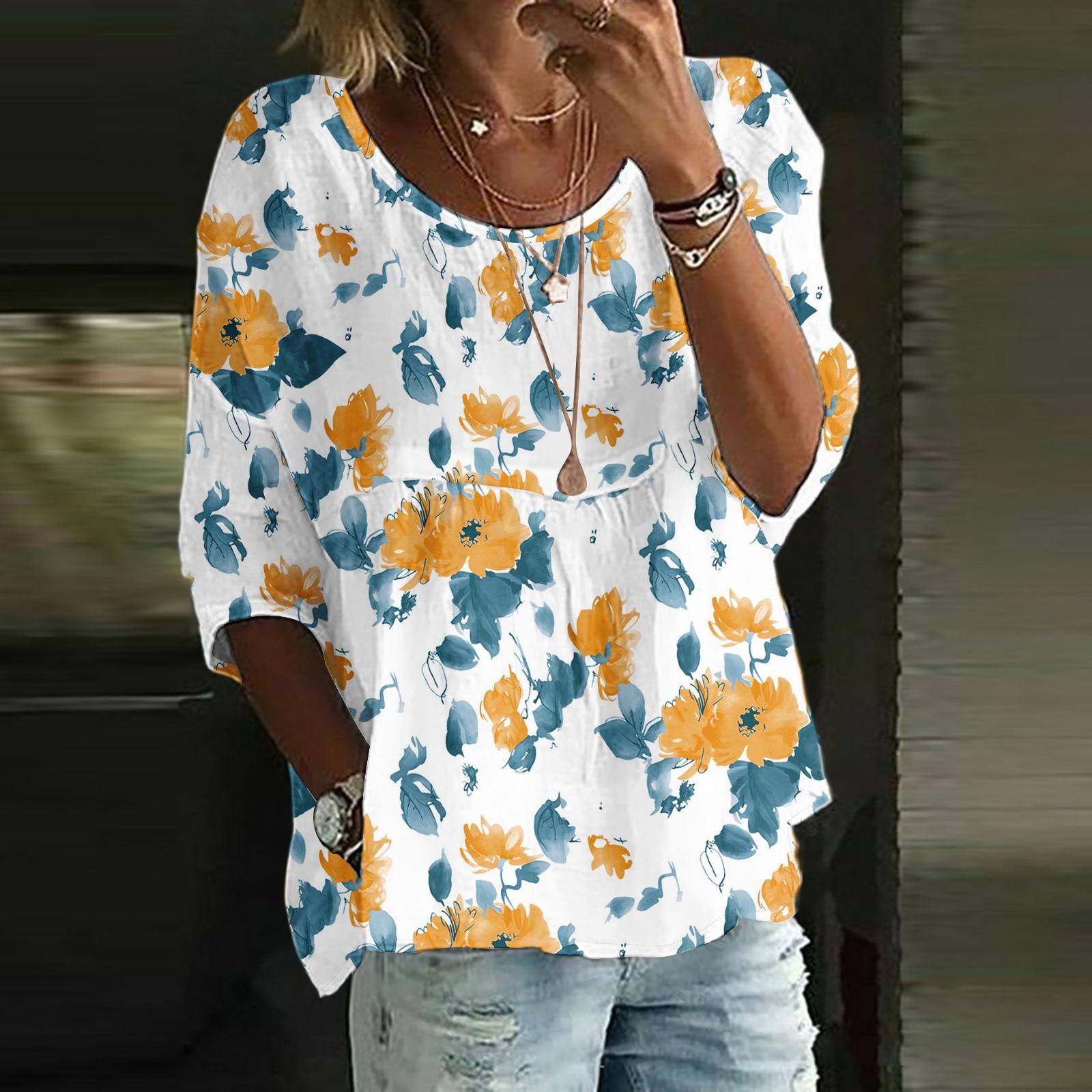 

Женский повседневный модный топ с рукавом три четверти, свободного кроя, с круглым вырезом и цветочным принтом XL белый