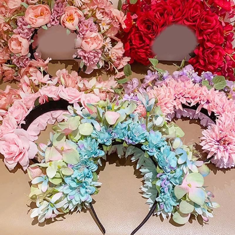 Colorful Flower Headband Double-sided Crown Hair Wreath Wedding Party Costume Headpiece for Bridal Women Hair Accessory
