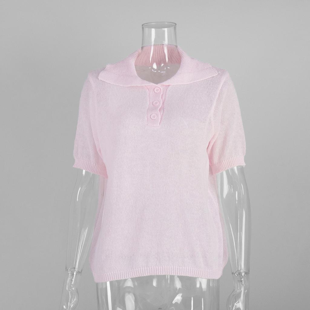 Summer Spring New Women's Hollow Out Knit POLO Short Sleeve Bubble Sleeve Simple Knit Top T-shirt