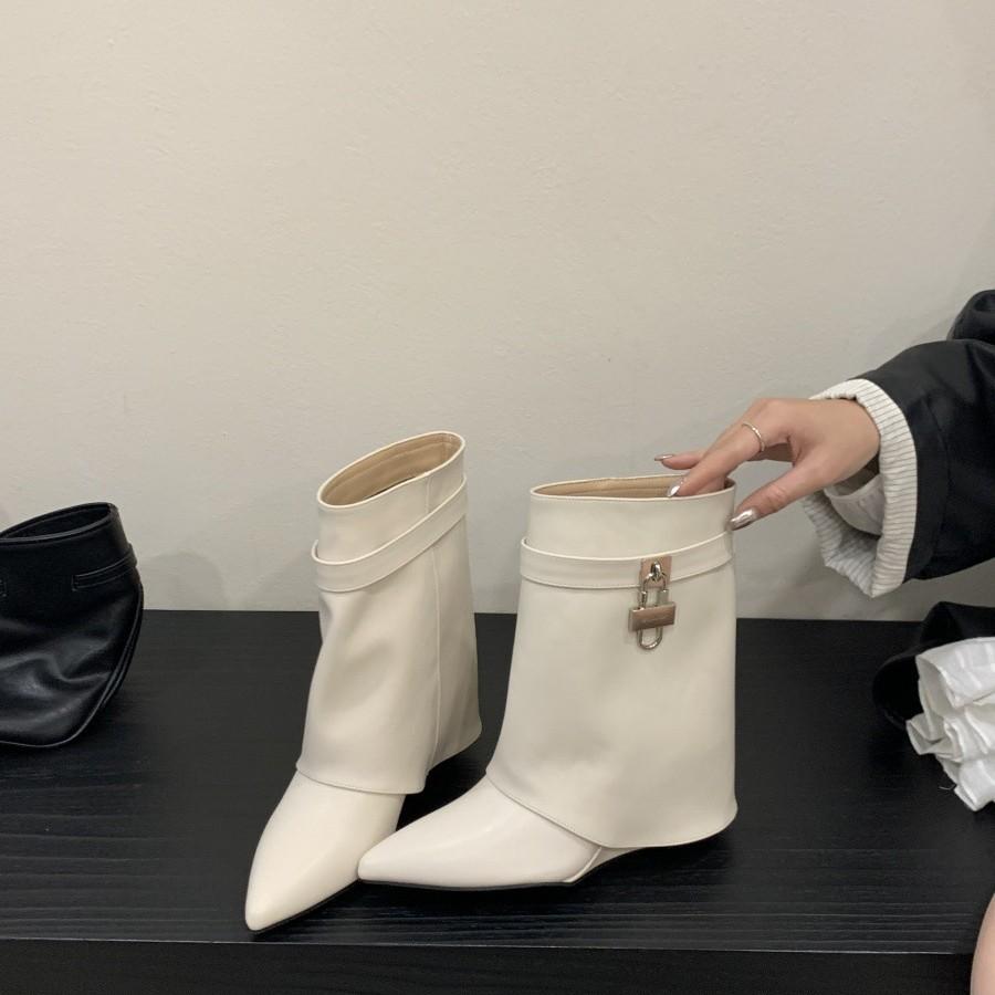 Europe and the United States 2025 New Slope Heel Trouser Boots Turn Over Trouser Boots Cigarette Tube Boots Fashion Women's Sleeve Boots Tide
