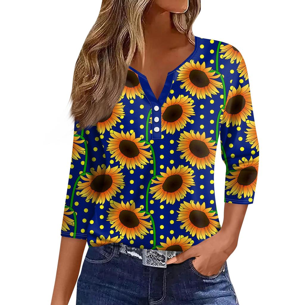 3/4 Length Sleeve Womens Tops Floral Print Vintage Fashion Casual Loose With V Neck Plus Size Shirts