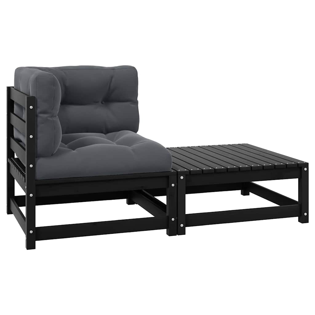 2 Piece Garden Lounge Set with Cushions Black Solid Pine Wood