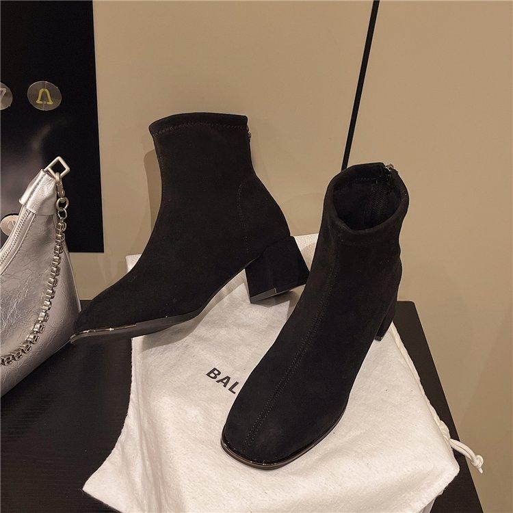 Thick-soled Martin boots women's 2025 autumn new thick heel square head velvet short boots Korean high-heeled thin small ankle boots