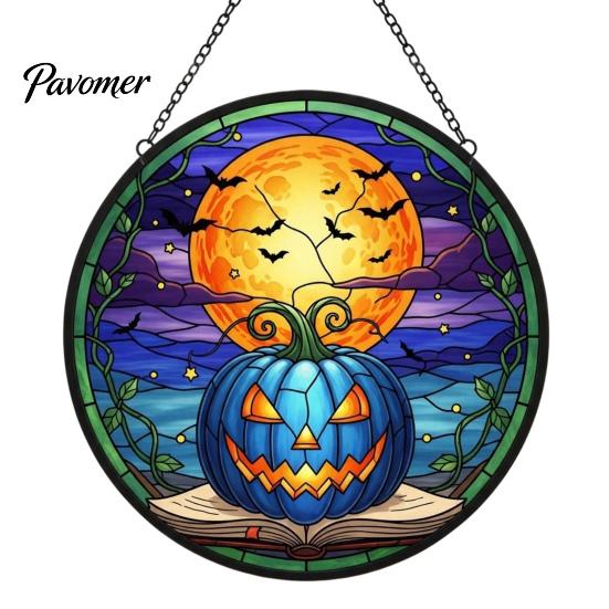 Transparent Light Shadow Effects Halloween Pumpkin Suncatcher, Stained Glass Style Round Window Hanging Ornament, Acrylic Creative Holiday Home
