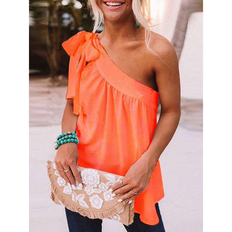 Slanted Shoulder Lace Up Sleeveless Top Pure Color Shoulder Shoelace Sleeveless Tops