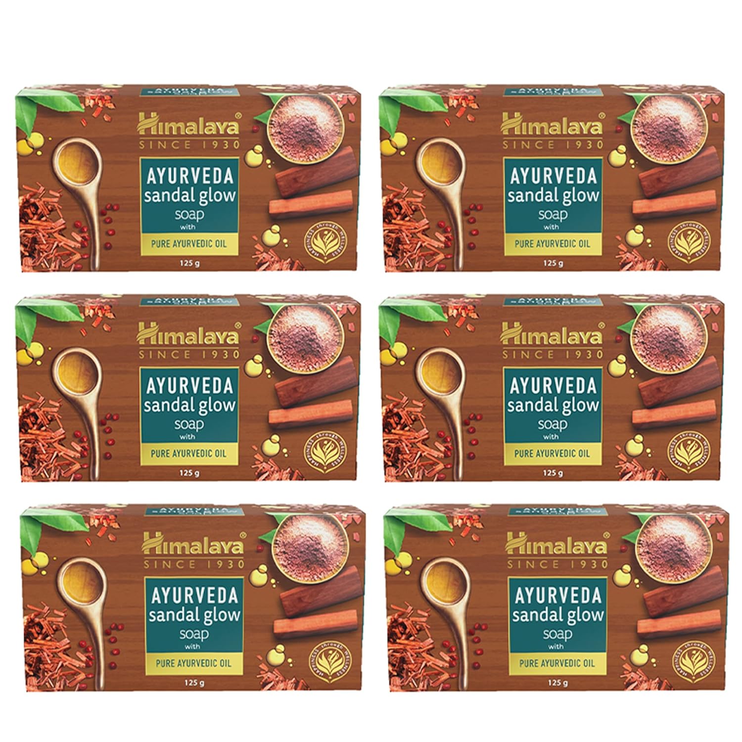 

Himalaya Аюрведическое мыло Sandal Glow с чистым сандаловым маслом для сияющей кожи, 125 г каждое, упаковка из 6 штук, питательное травяное мыло для ванны