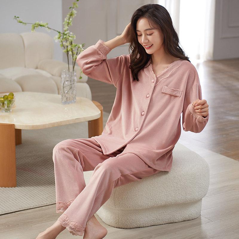 Pajamas Women'S Spring And Autumn Thickened Warm Long-Sleeved Island Fleece Set Autumn And Winter Coral Fleece Loungewear