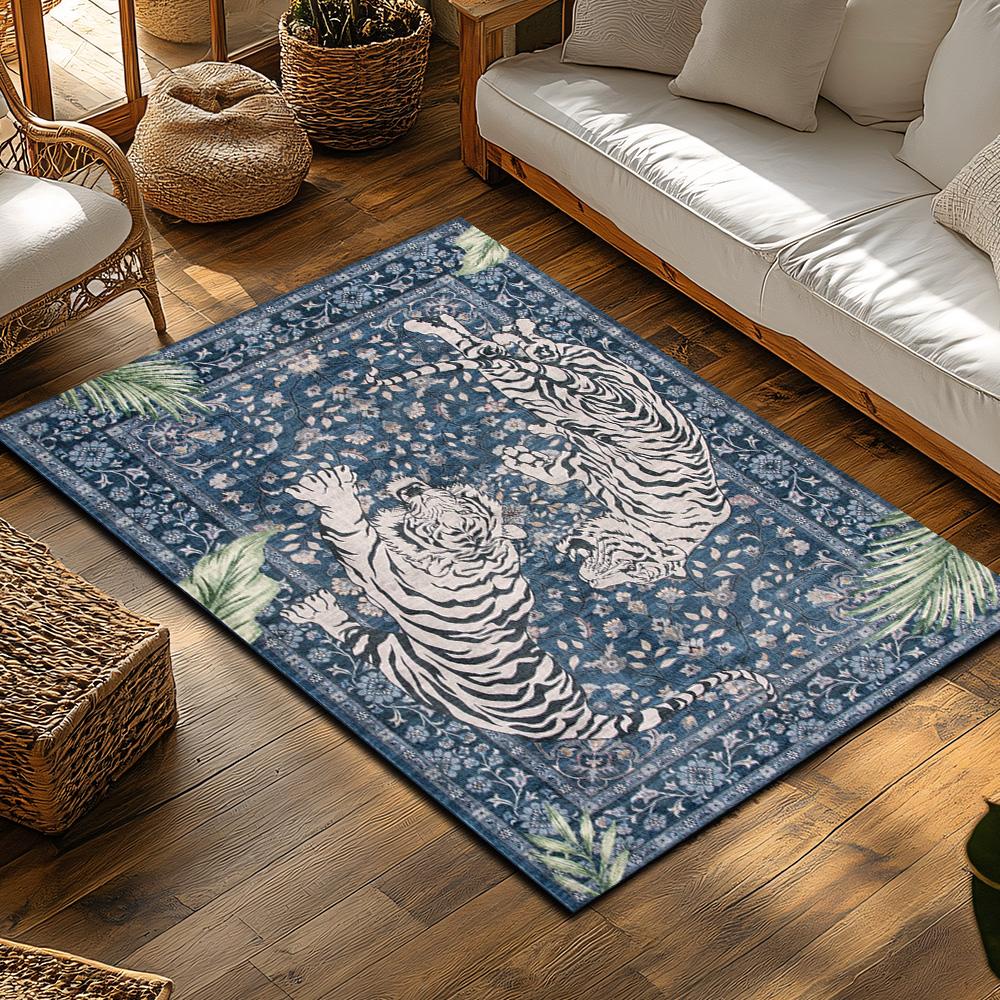 Blue Tiger Pattern Bohemian Rug, Jungle Theme Non-Slip Carpet, Plush Living Room Mat for Nature Inspired Decor