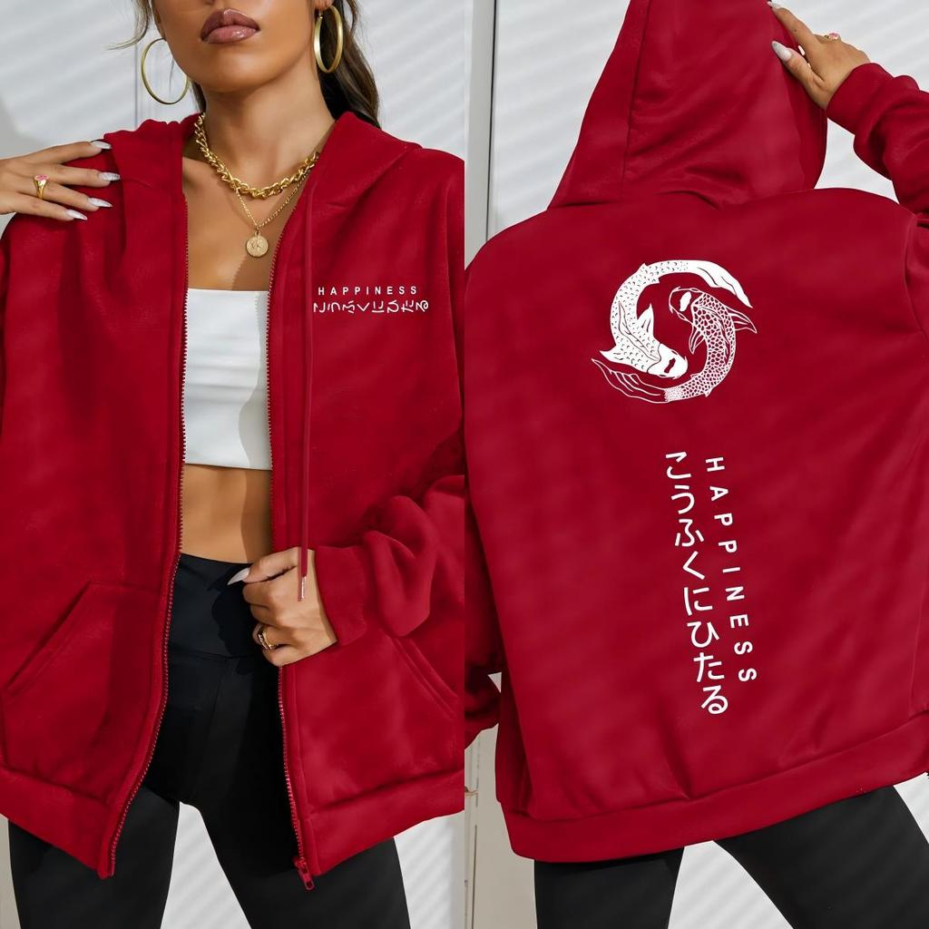 Two Koi Carps Of Happiness Printing Zipper Hoodie Women Street Fleece Hoody Casual Hoodies Autumn Loose Clothes