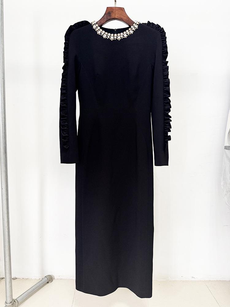 Available for 2025: New European & American Style Ruffle 3D Decor Long-Sleeve Midi Dress