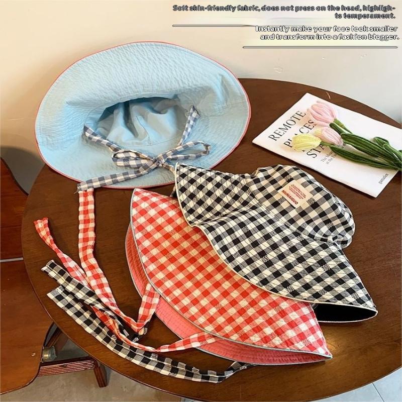 1Pc Women Summer Uv Protection Wide Brim Sun Hats With Chin Strap Cute Pastel Plaid Beach Hat For Outdoor Travel & Daily Wear