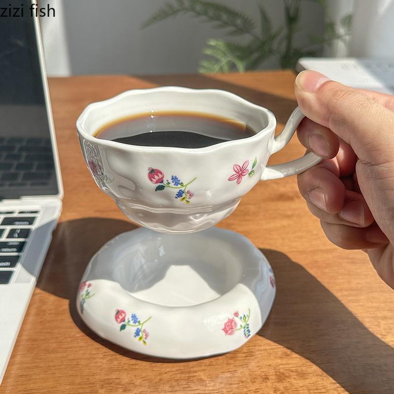 High Footed Flower Coffee Cups and Plates Ceramic Water Cup Afternoon Tea Cup Oat Breakfast Cups Milk Mug Flower Tea Mug